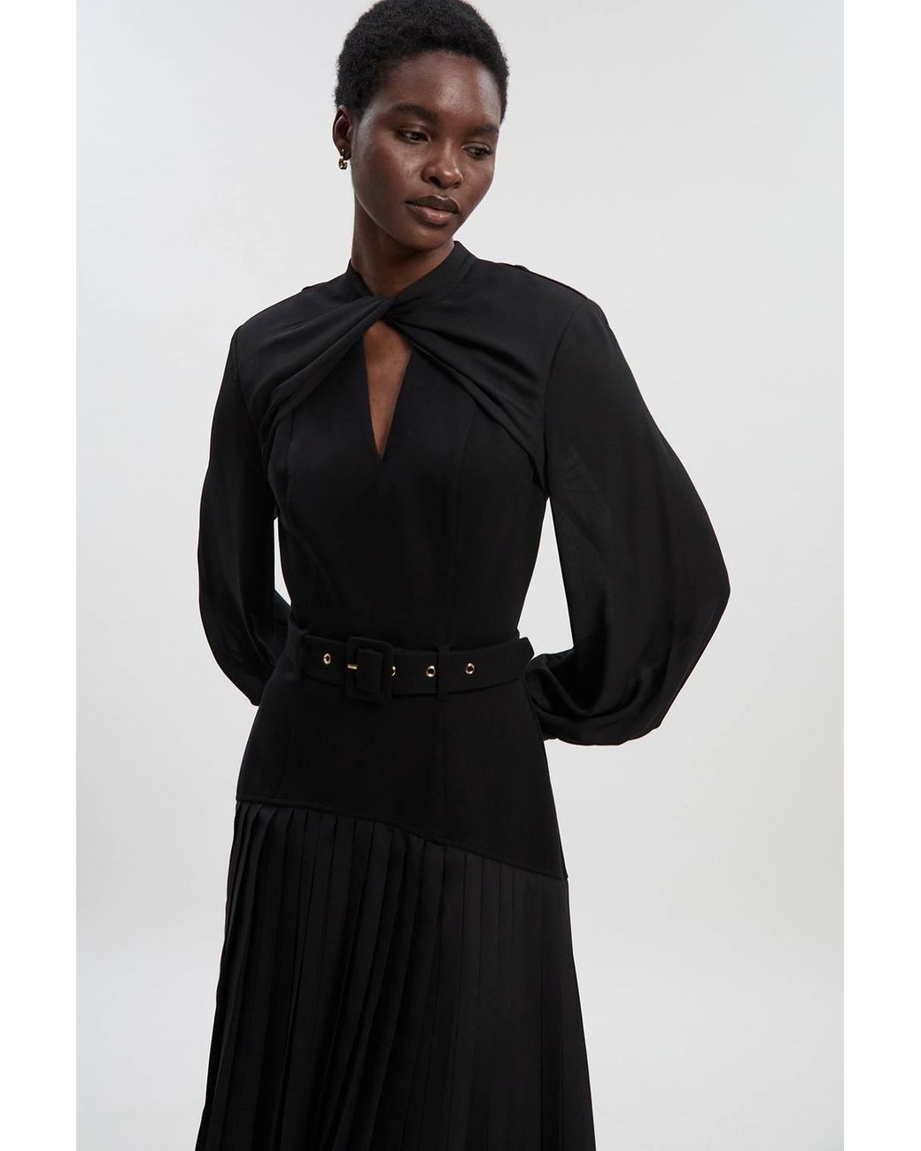 Karen Millen Black Ponte And Georgette Mix Balloon Sleeve Cut Out Detail Pleated Maxi Dress