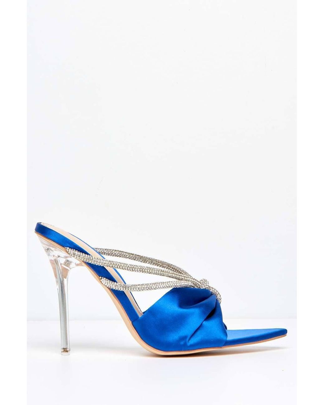 Miss Diva Blue Tanulia Diamante Straps Perspex Stiletto Heel Pointed Toe Mules