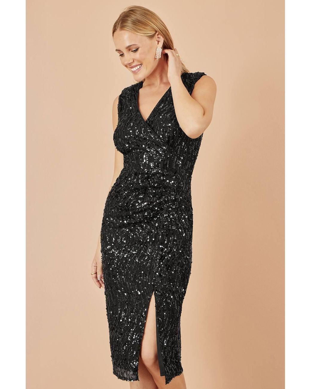 Yumi' Black Sequin Fitted Wrap Dress W/ Split Hem