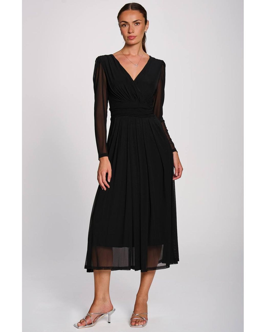 Jolie Moi Black Mesh Long Sleeve Pleated Maxi Dress
