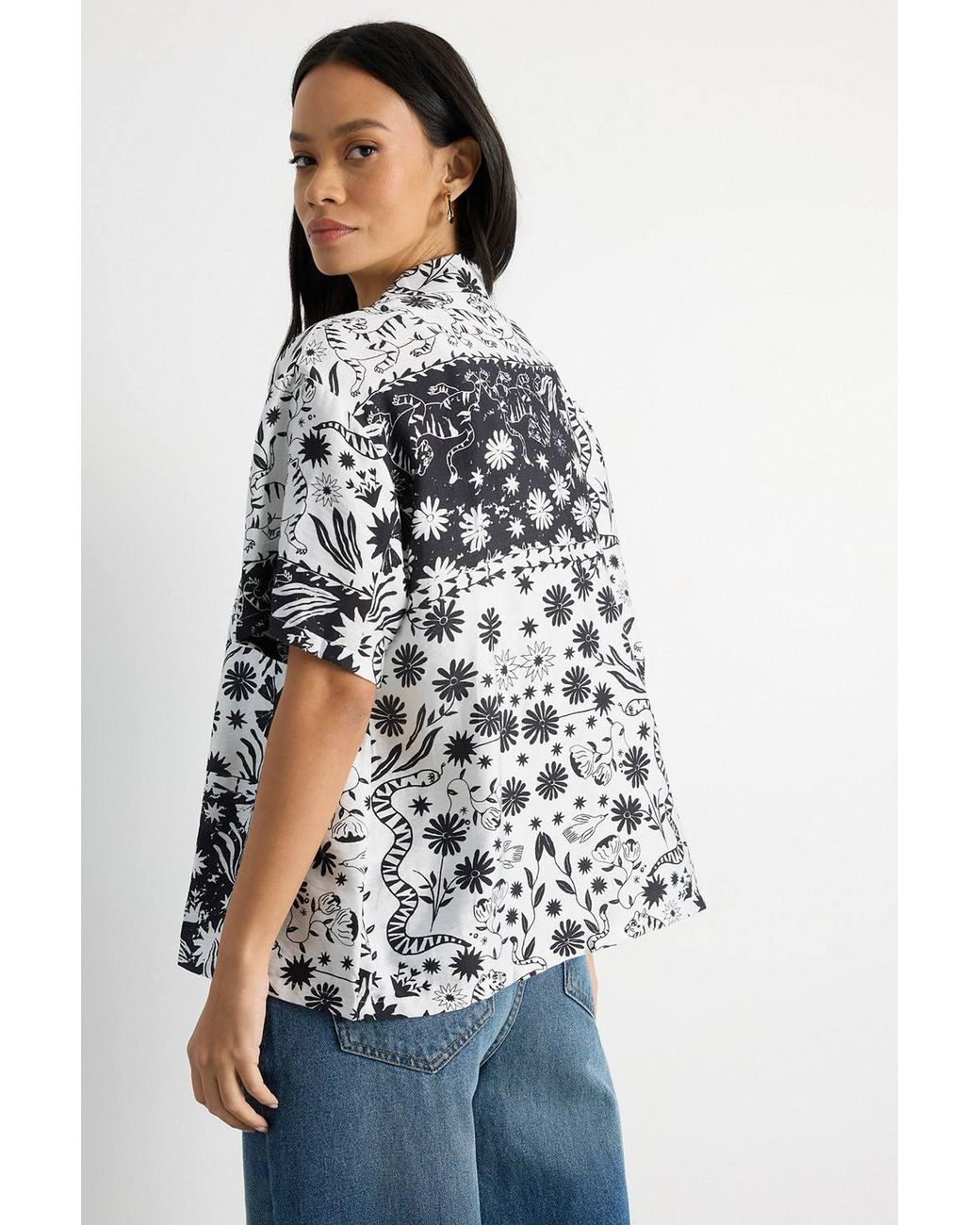 Warehouse Blue Scarf Print Button Through Blouse