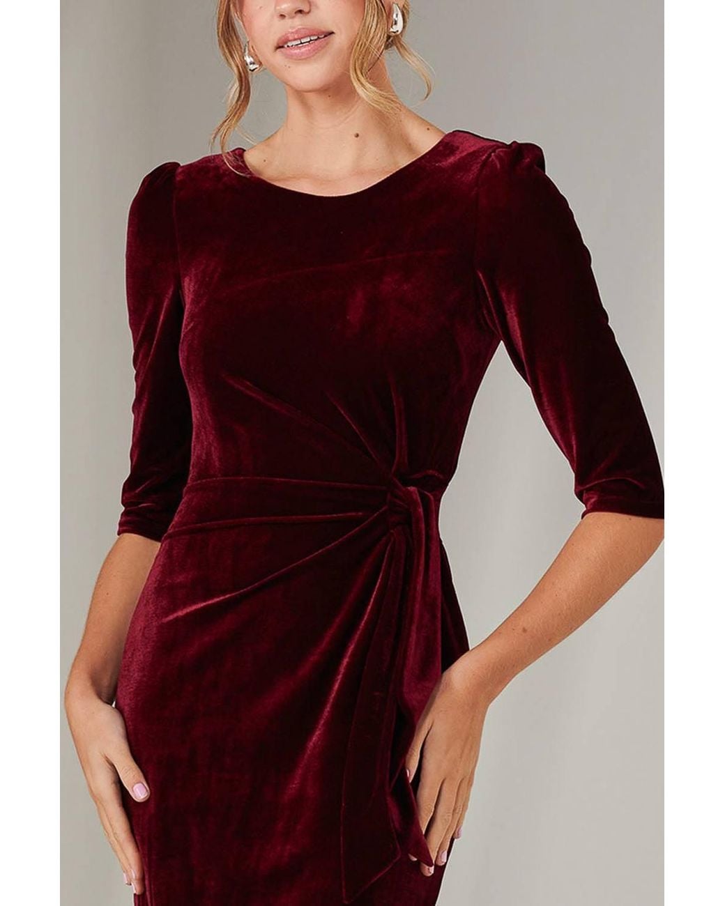 Jolie Moi Red Velvet Side Tie Midi Dress