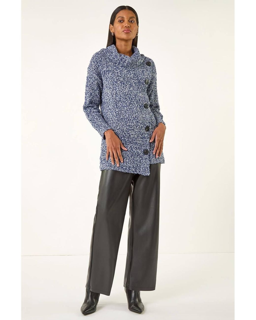 Roman Blue Roll Neck Button Detail Longline Jumper