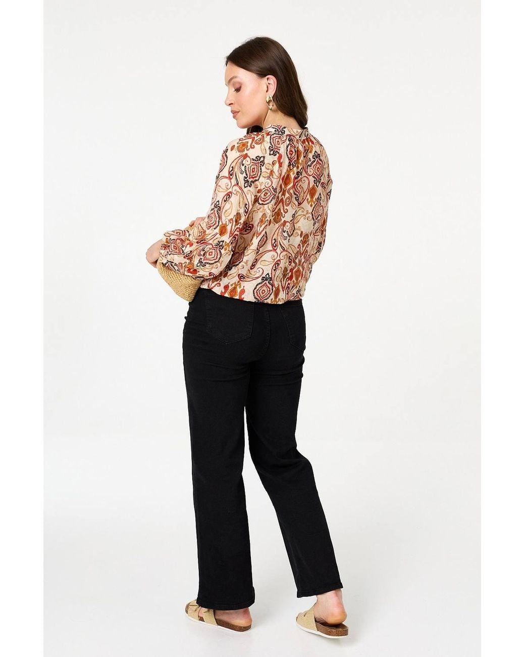 Izabel London Orange Printed Tie High Neck Long Sleeve Blouse