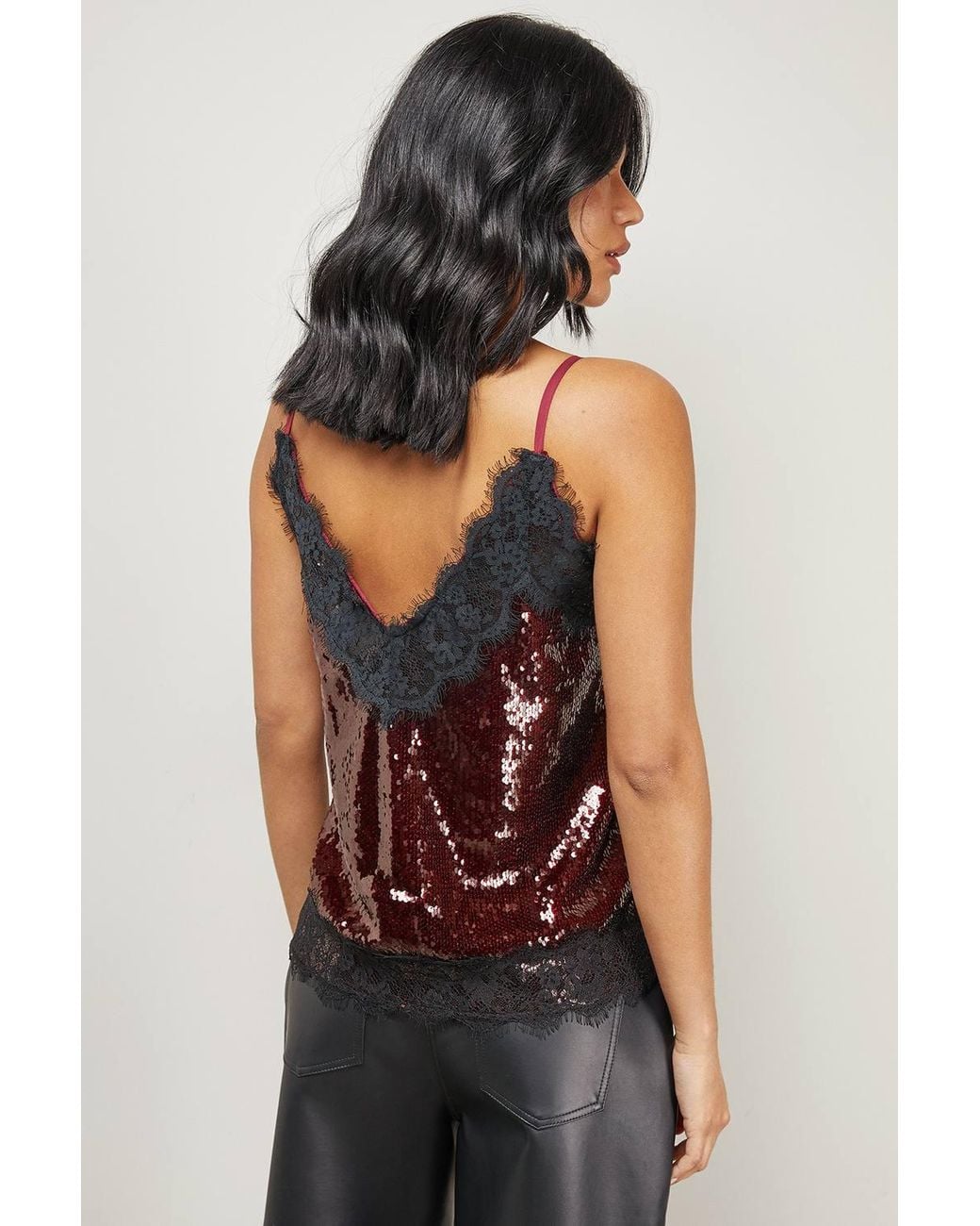 Warehouse Black Sequin Lace Trim High Apex Cami Top