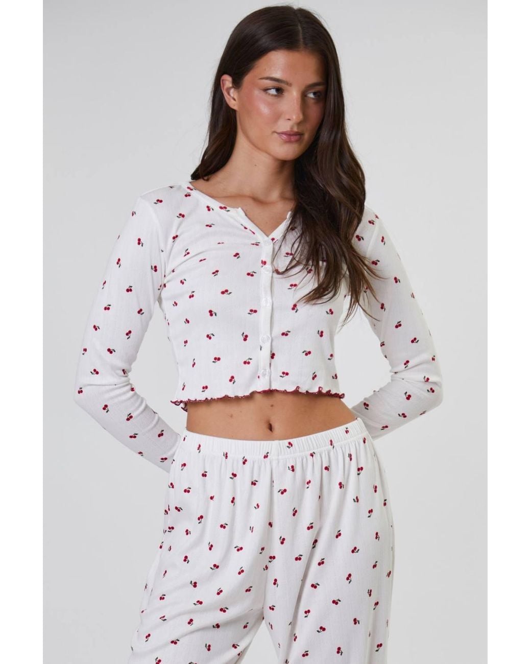 Loungeable White Cherry Printed Ribbed Jersey Long Sleeve & Trouser Set
