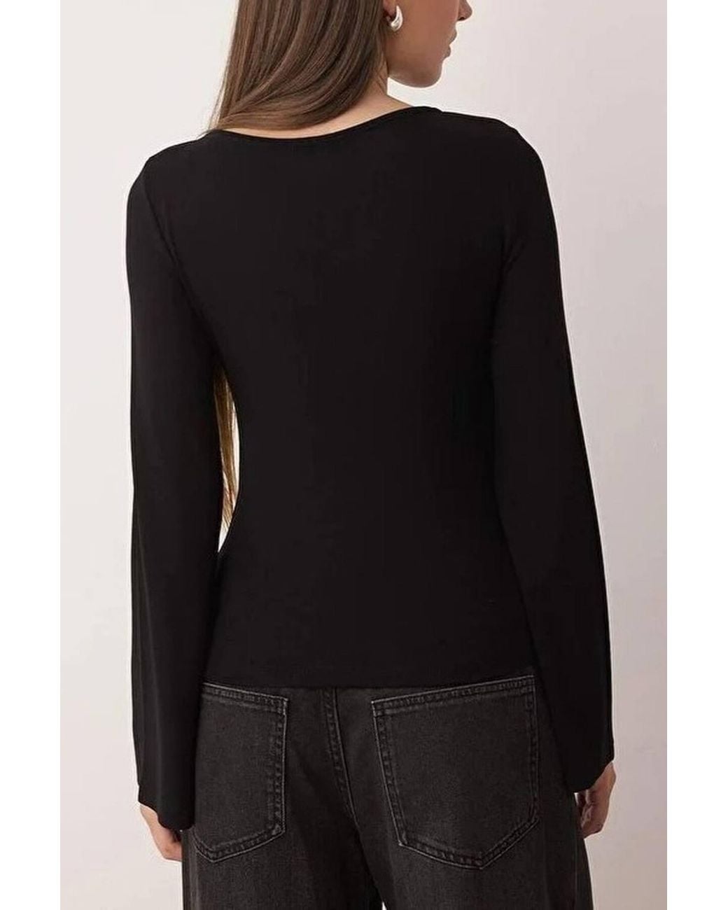 WOVCOR Black Fitted Boat Neck Long Sleeve Soft Stretch Knit Blouse