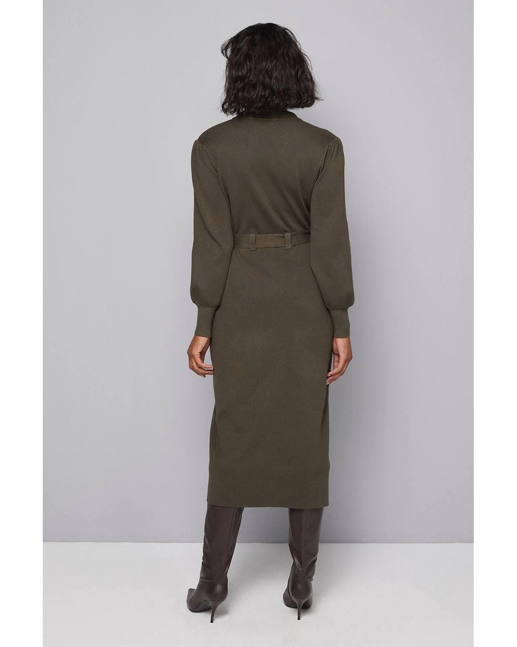 Wallis Green Collared Belted Midi Dress