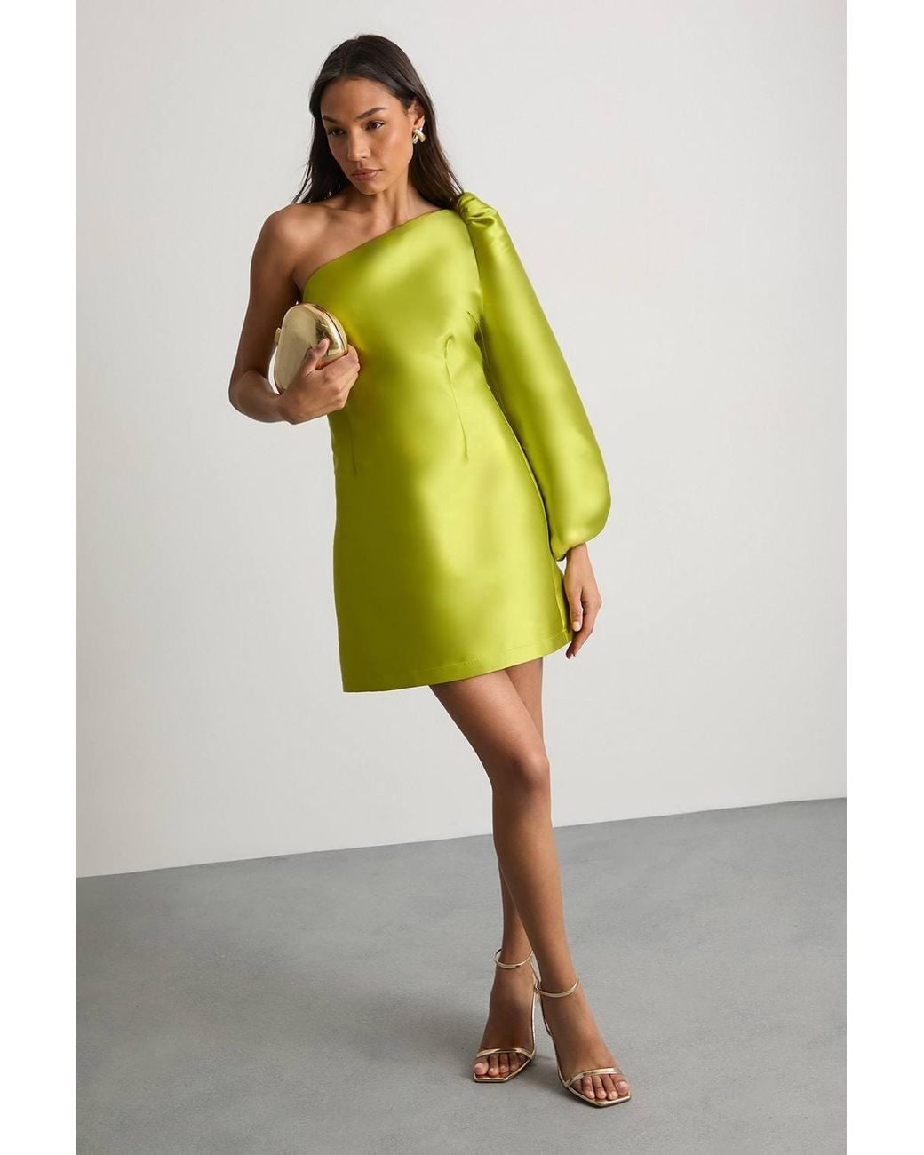 Warehouse Yellow One Shoulder Puff Sleeve Mini Dress
