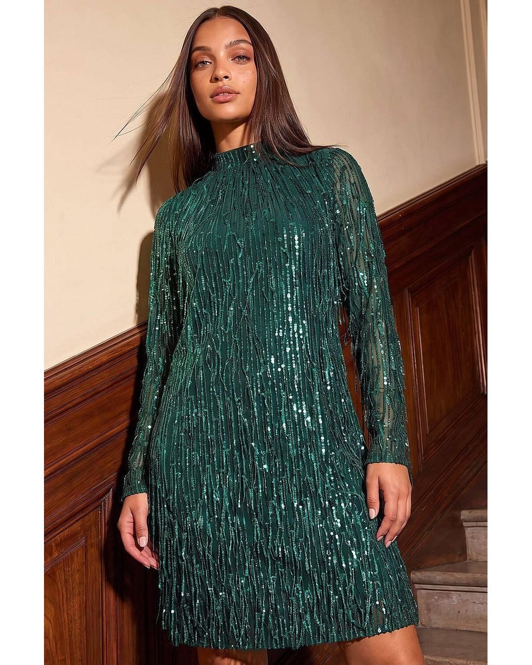 D.u.s.k Green All Over Fringe Shift Dress