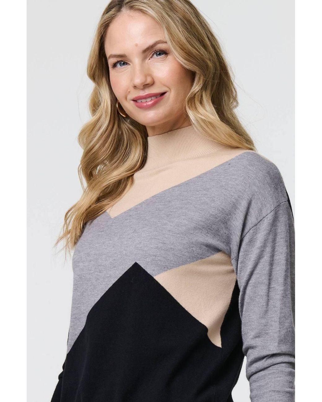Izabel London Gray Colour Block High Neck Slim Jumper