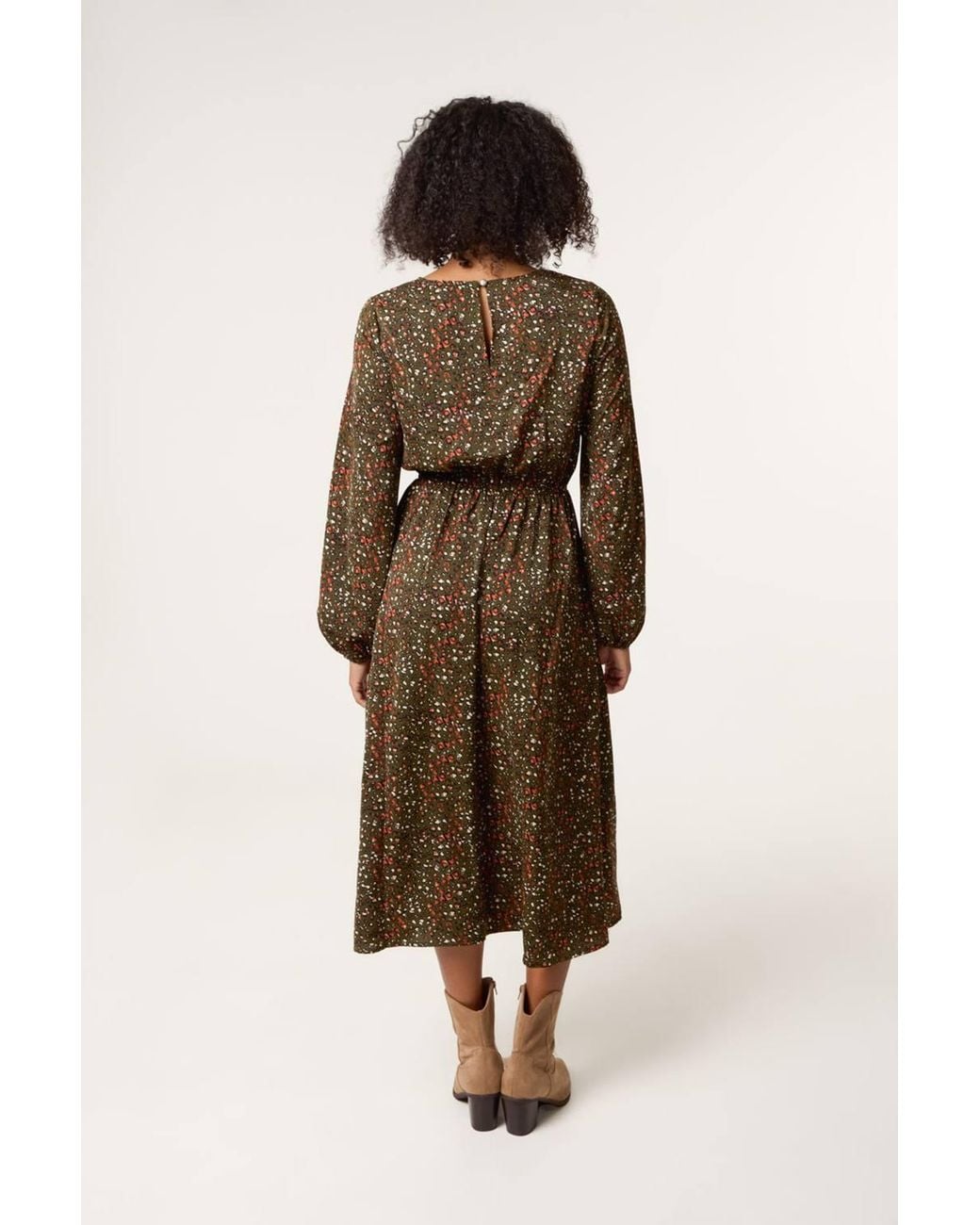 Blue Vanilla Natural Elasticated Waist Long Sleeve Round Neck Midi Dress