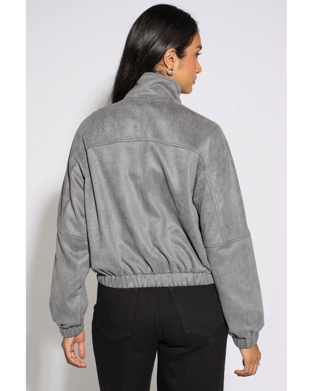 Gini London Gray Faux Suede Funnel Neck Bomber Jacket