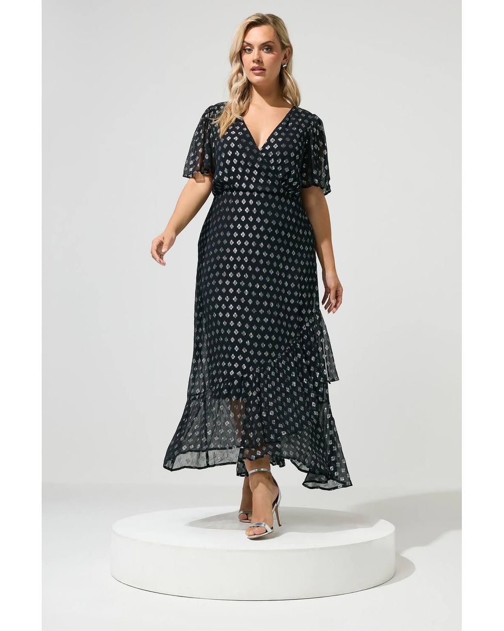 Yours Blue Metallic Ruffle Wrap Dress