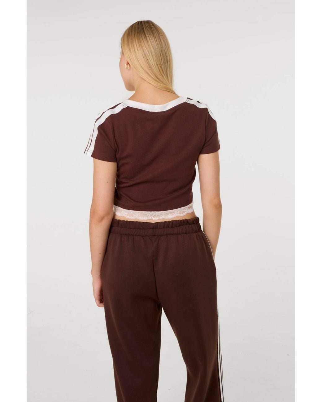 Pink Vanilla Brown Brooklyn V-Neck Lace Hem T-Shirt