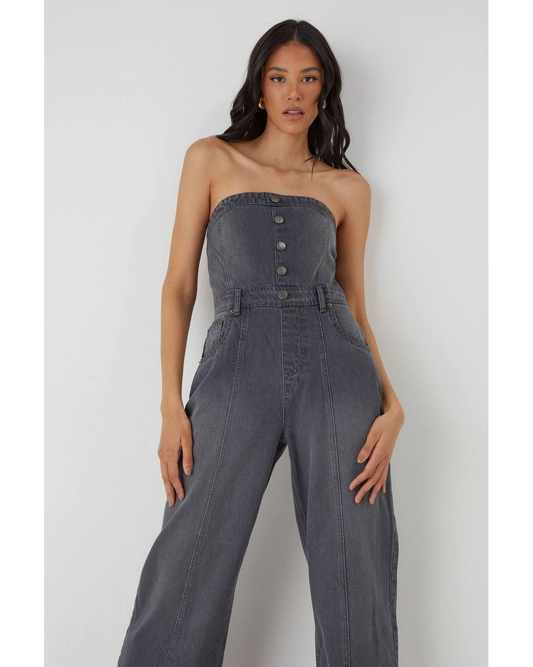 MissPap Gray Denim Button Front Bandeau Jumpsuit