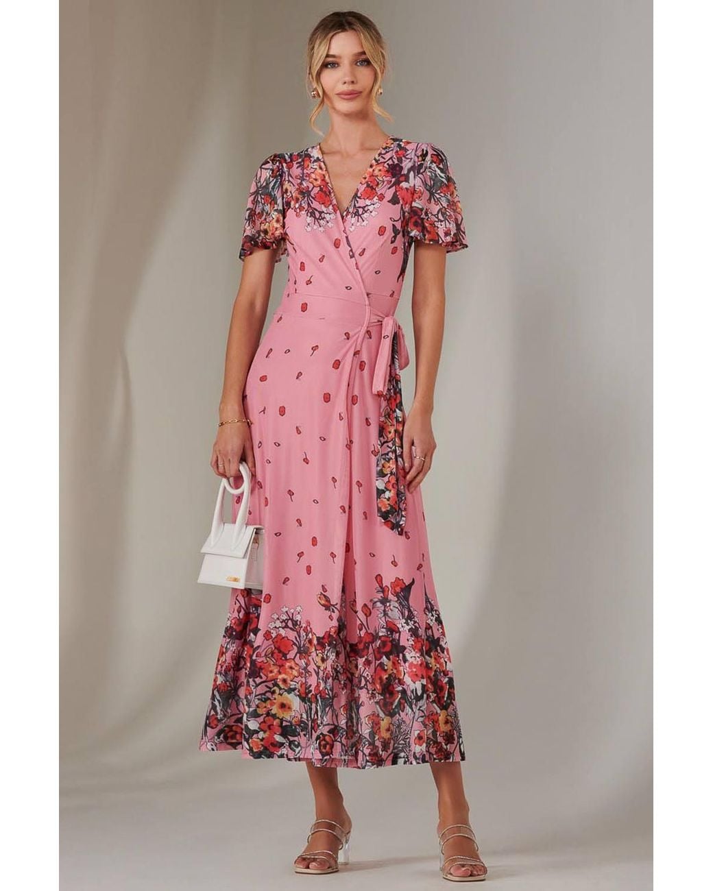 Jolie Moi Pink Mirror Print Mesh Wrap Maxi Dress