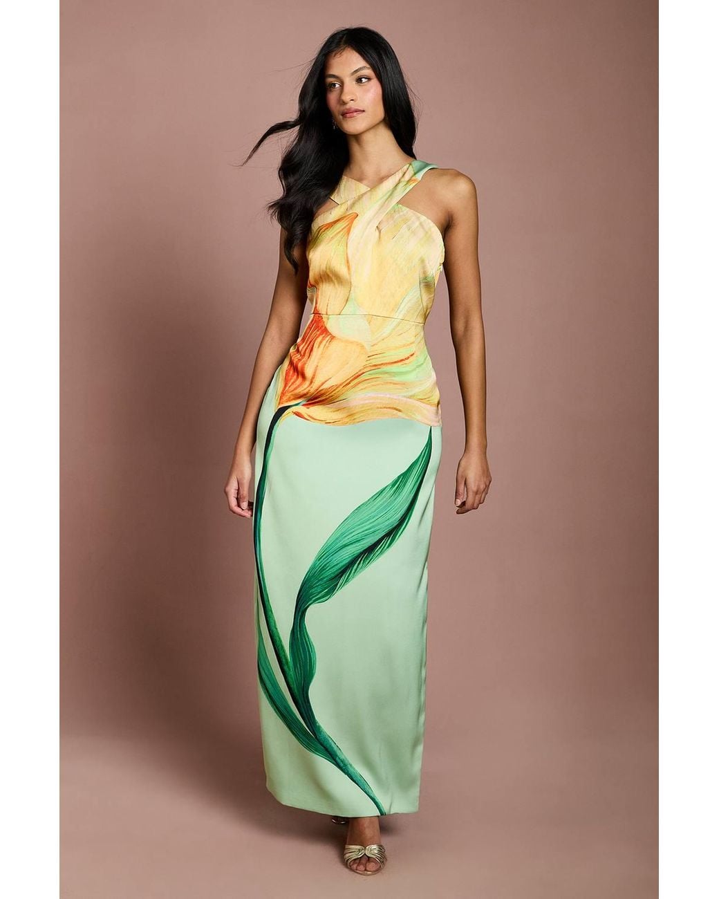 Coast Green Petite Large Scale Floral Placement Print Halterneck Pencil Dress