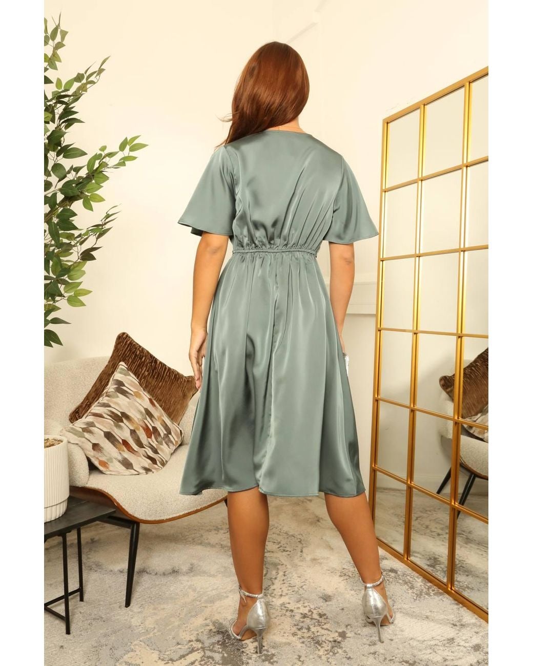 Double Second Green A-Line Satin Wrap Dress W/ Tea Sleeves