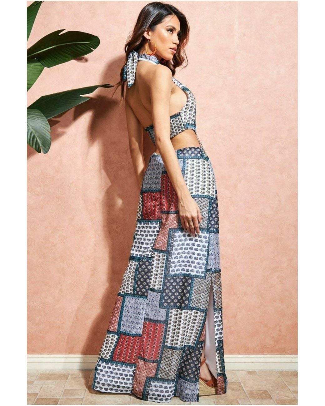 Goddiva Blue Halter Neck Printed Maxi Dress