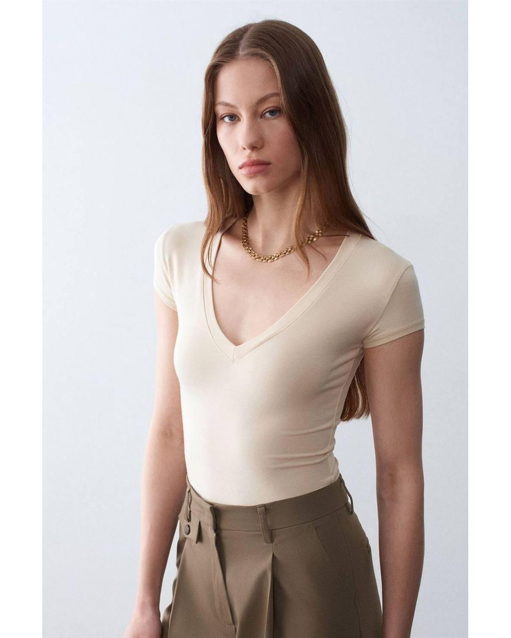 Dilvin Natural Slim Fit V-Neck Jersey Blouse
