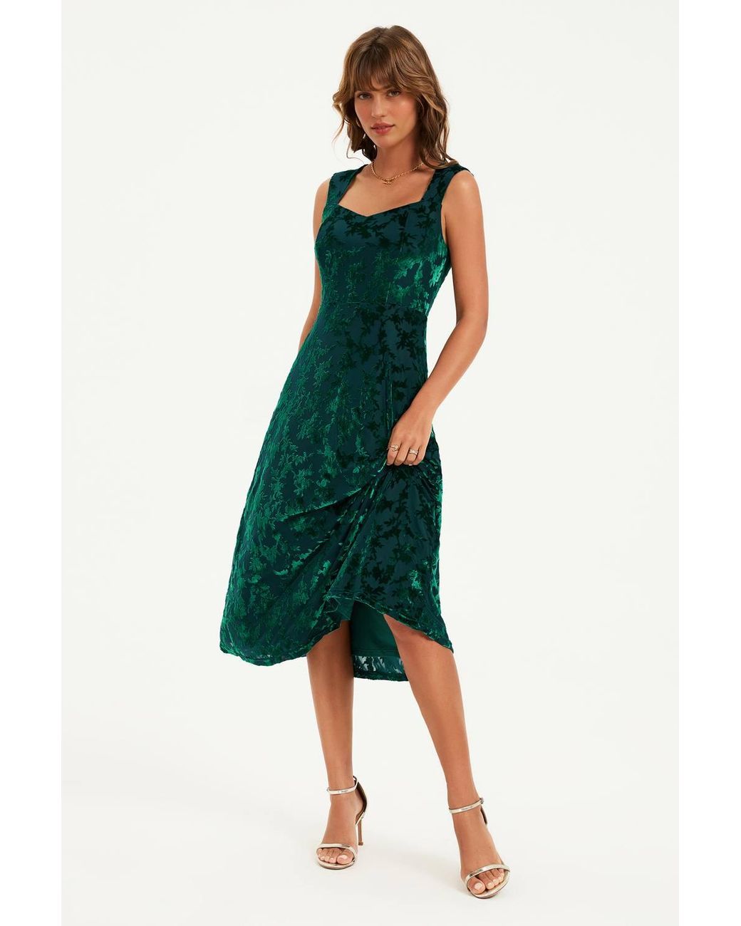 FS Collection Green Floral Velvet Devore Sweetheart Neck Midi Dress