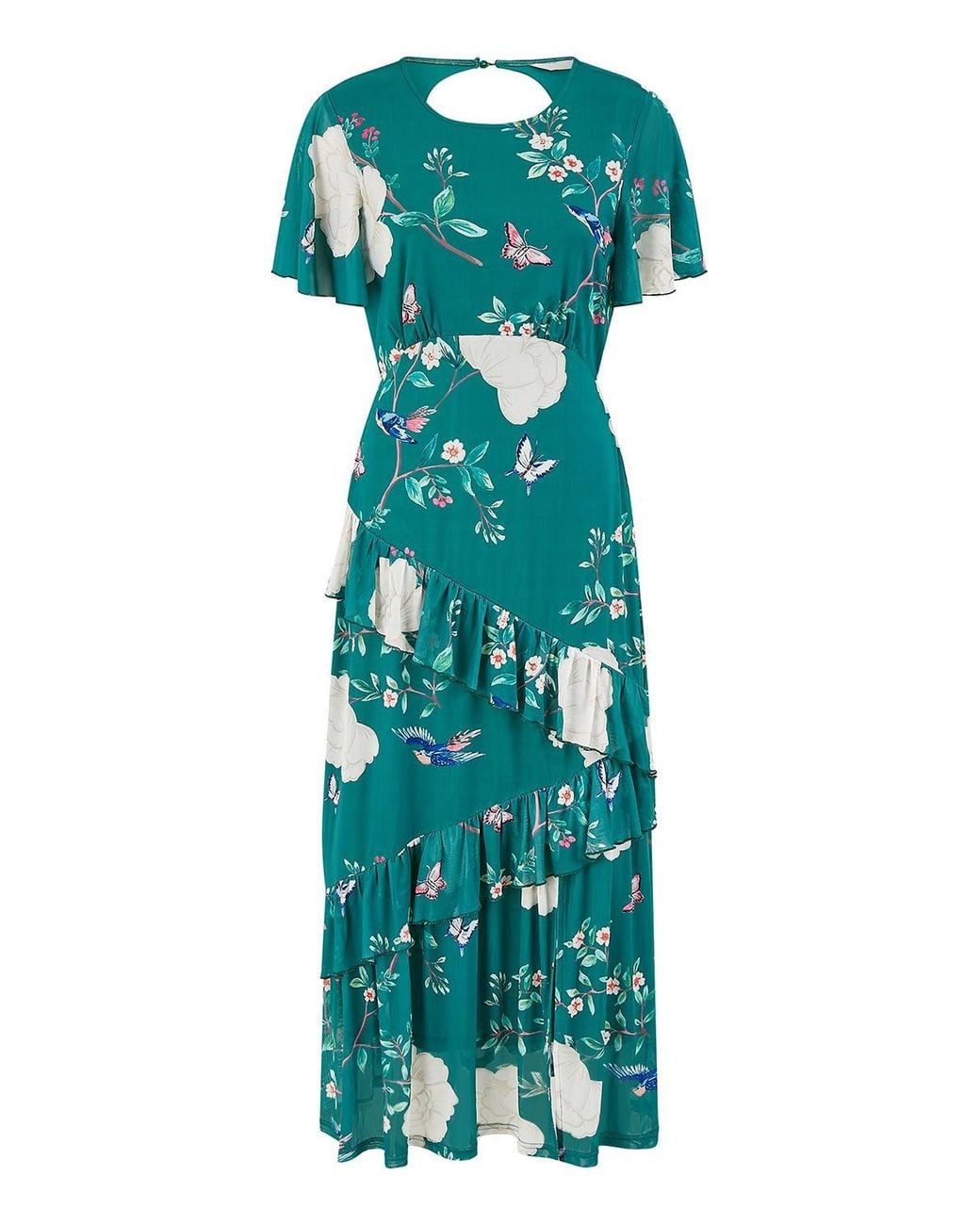 Yumi' Green Mesh Bird & Floral Print Midi Dress W/ Ruffles