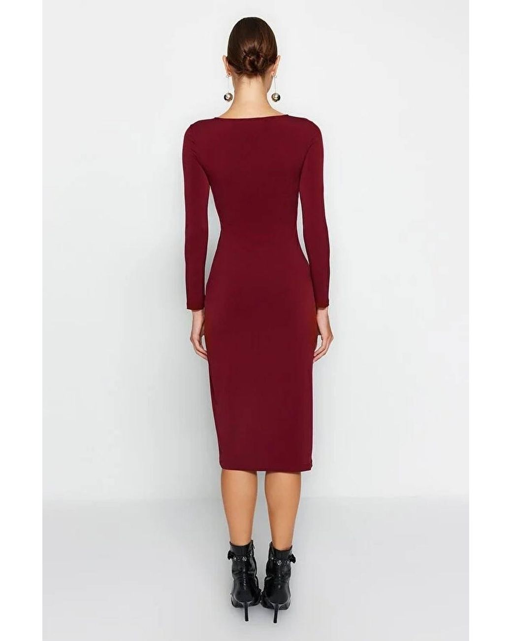 WOVCOR Red Asymmetrical Neck Long Sleeve Midi Knit Pencil Dress W/ Slit Detail