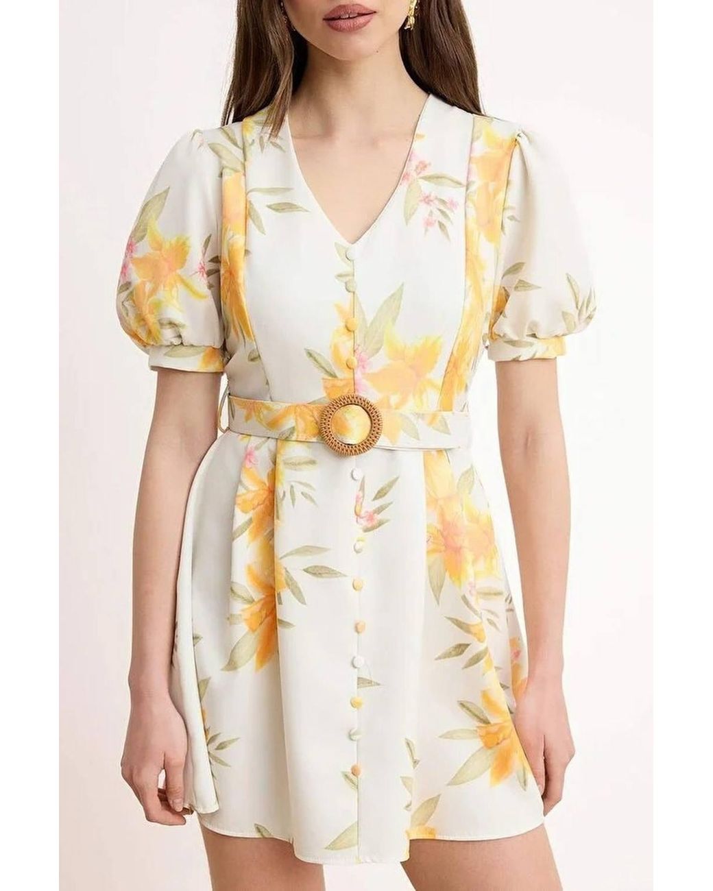 WOVCOR White Floral Belted Puff Sleeve Mini Wrap Dress