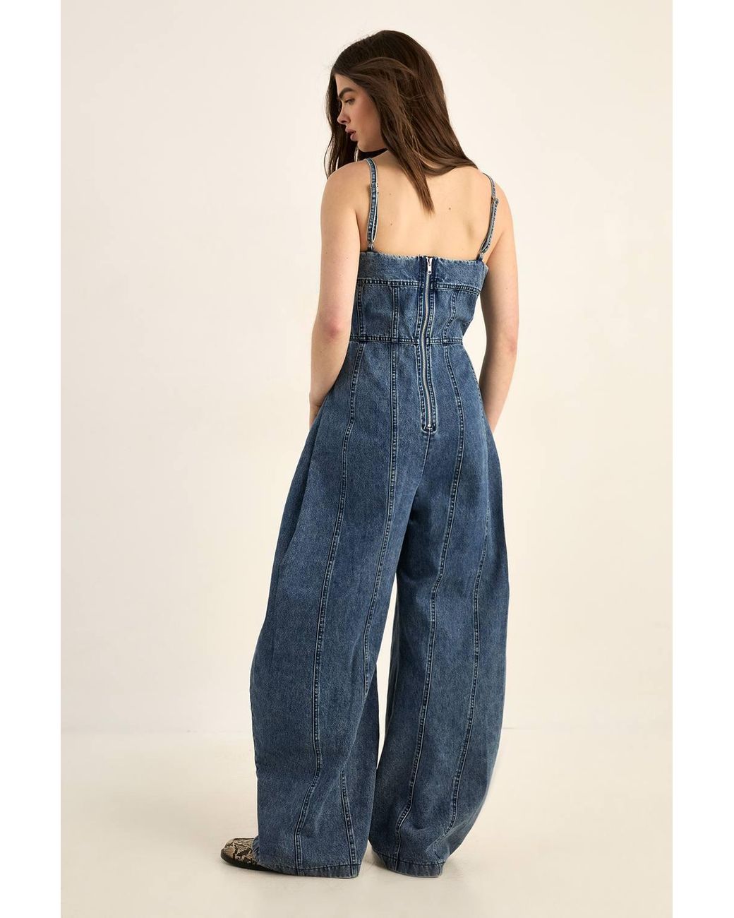 Nasty Gal Blue Strappy Seam Detail Wide Leg Denim Jumpsuit