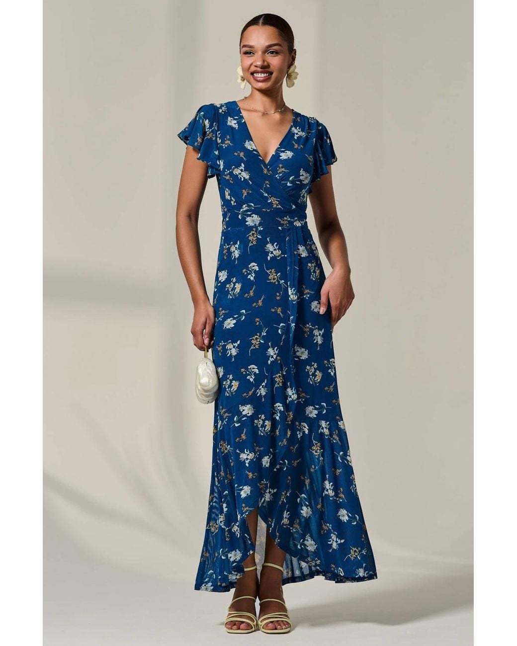 Jolie Moi Blue Floral Ruffle Hem Maxi Dress