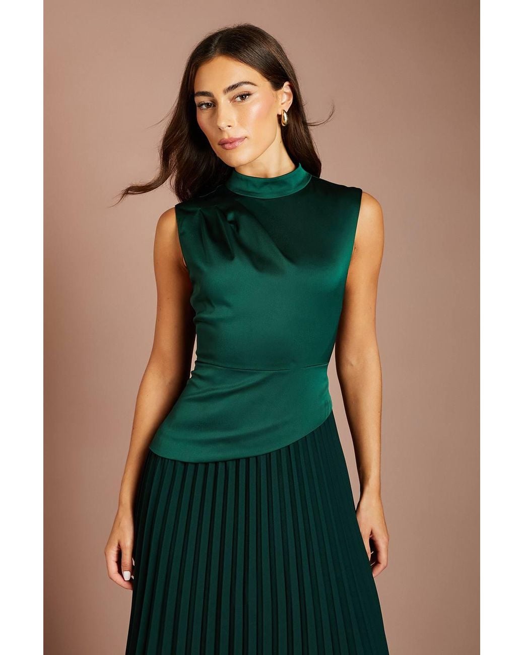 Coast Green Drape High Neck Pleated Skirt Midi Dress