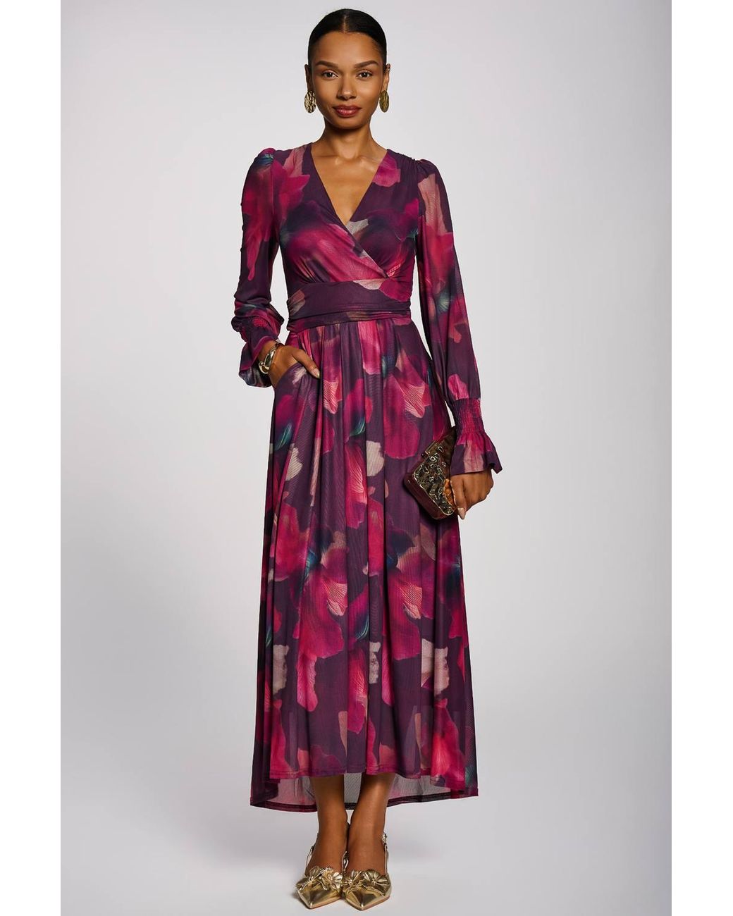 Jolie Moi Red Long Sleeve V Neck Mesh Maxi Dress