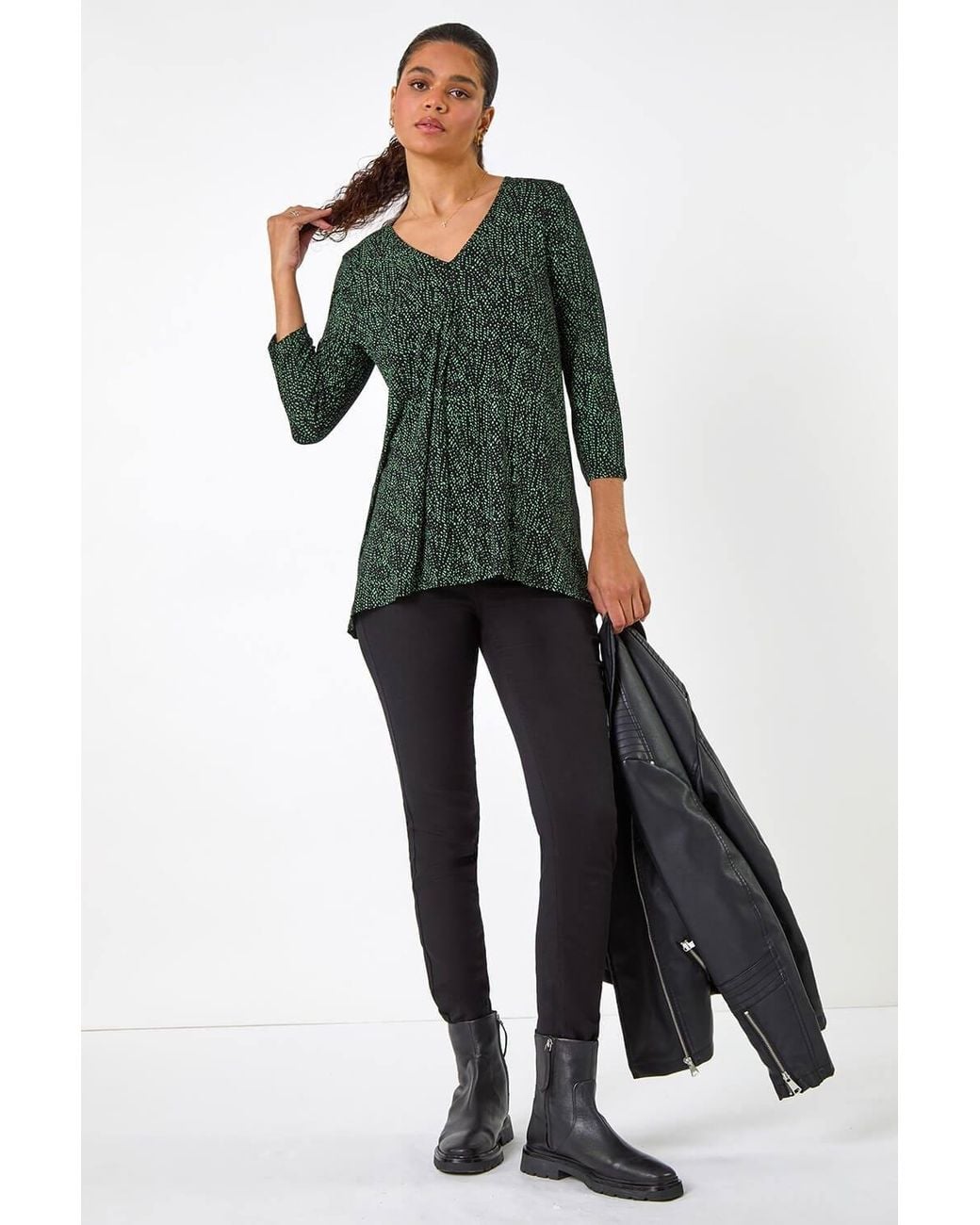 Roman Green Spot Print Pleat Front Tunic Top