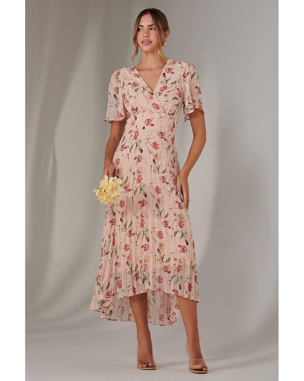 Jolie Moi Pink Charlotte Pleated Chiffon Midaxi Dress