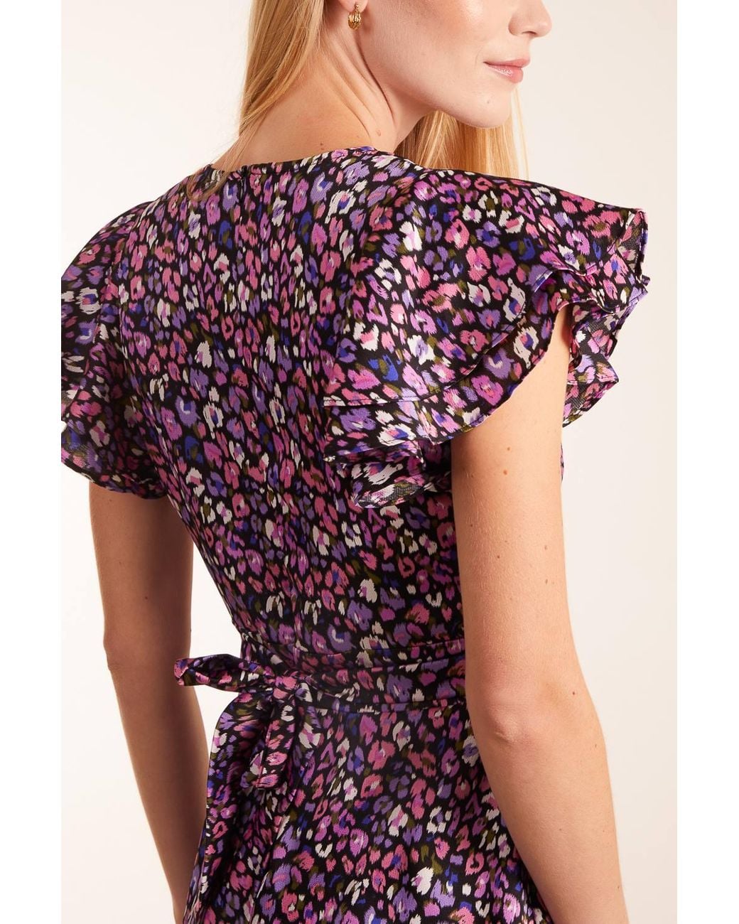 Blue Vanilla Purple Animal Print Wrap Ruffle Mini Dress