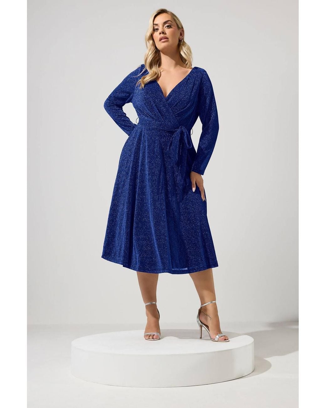Yours Blue Metallic Wrap Dress