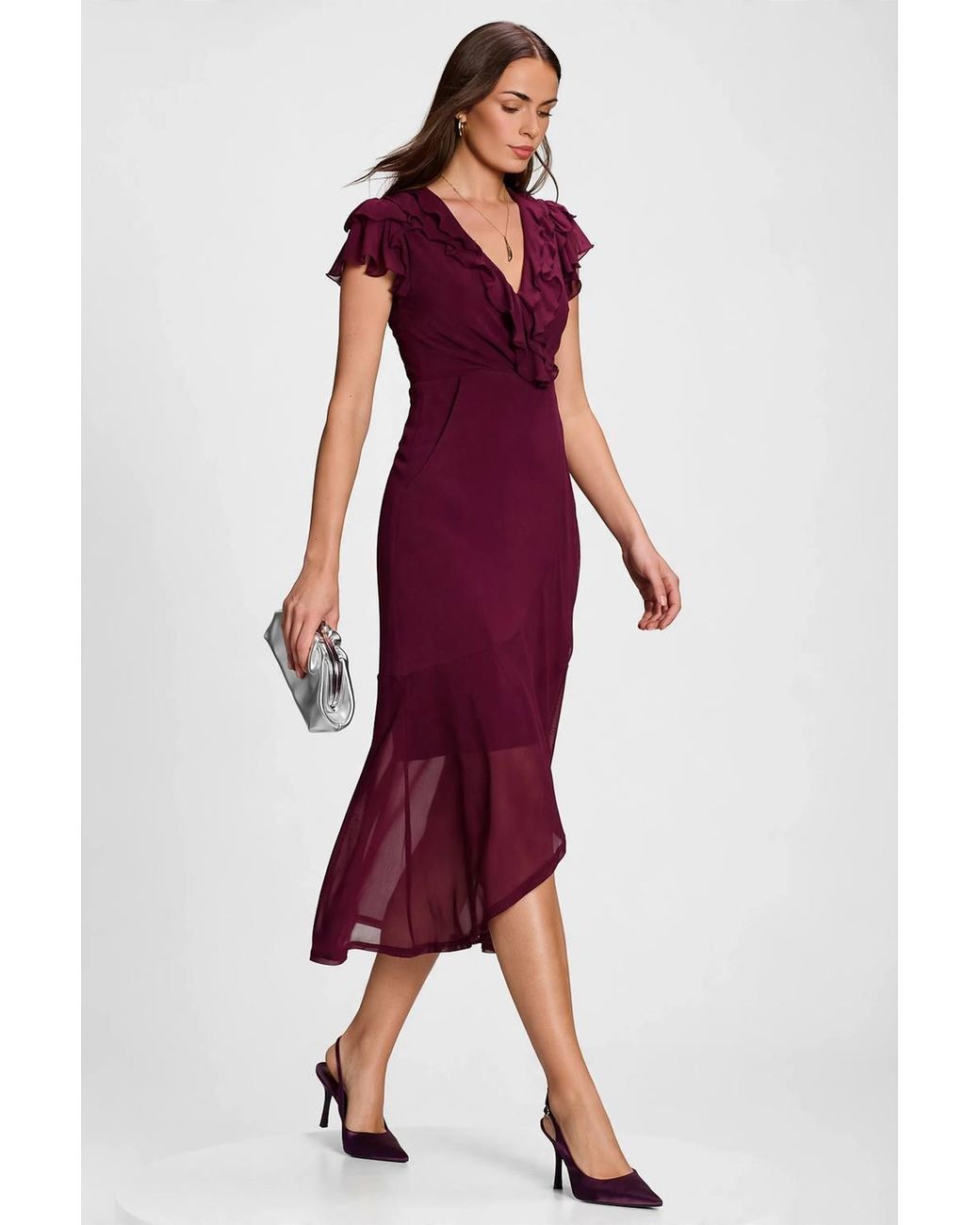 Jolie Moi Red Ruffled Mesh Maxi Dress