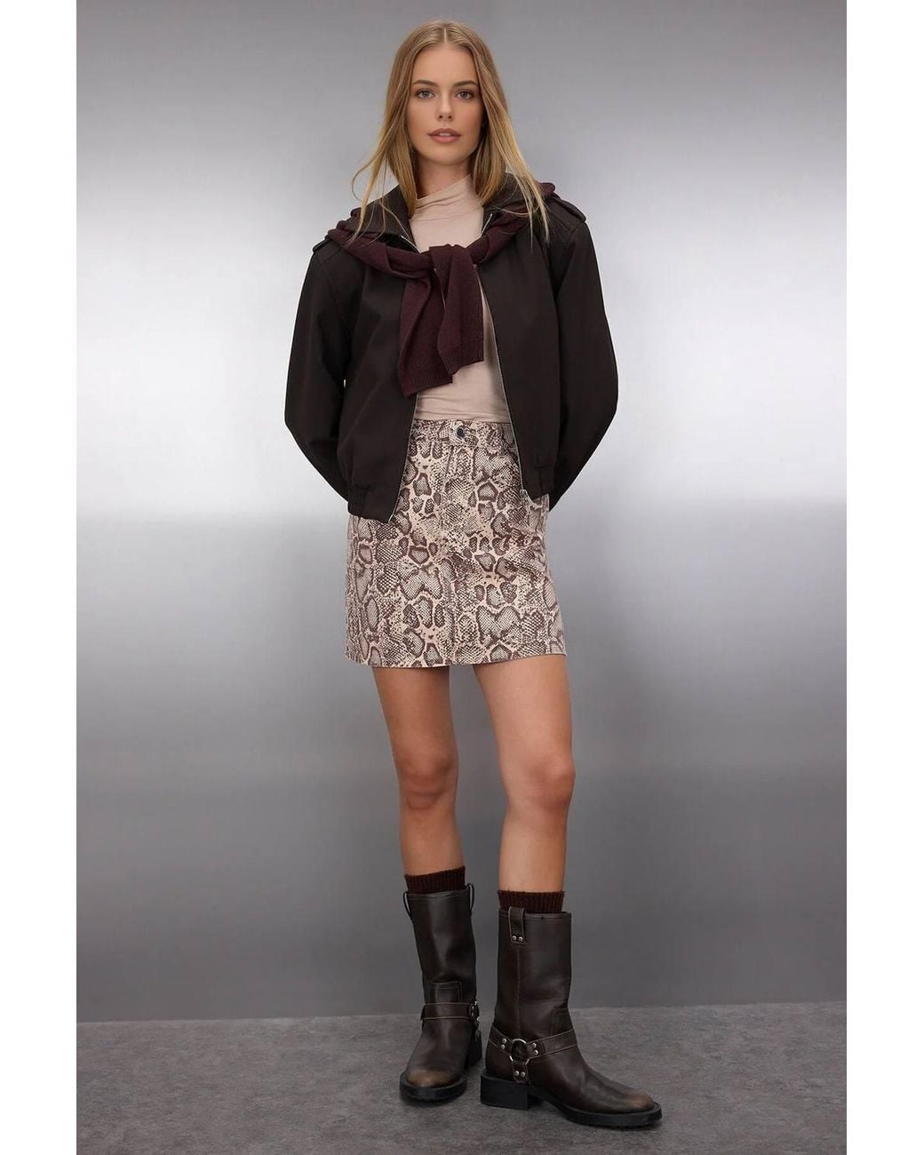 WOVCOR Black Snake Print Mini Denim Skirt