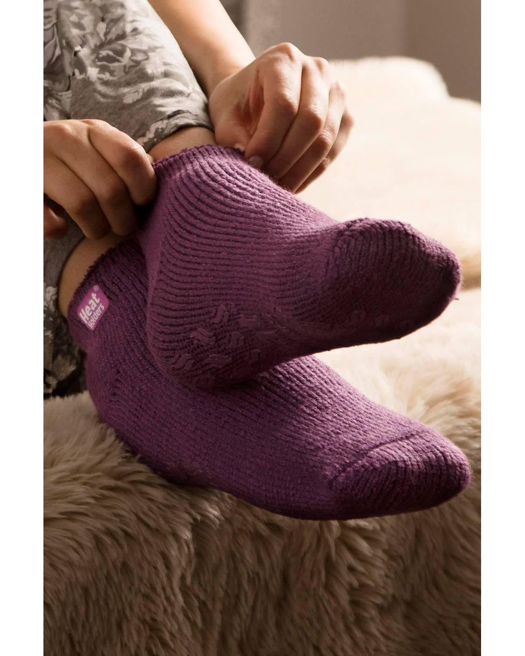 Heat Holders Purple 3 Pairs Ladies Ankle Fluffy Slipper Socks
