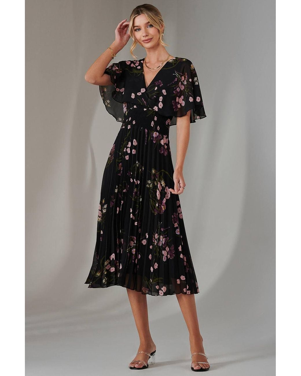 Jolie Moi Pink Floral Print Chiffon Pleated Dress