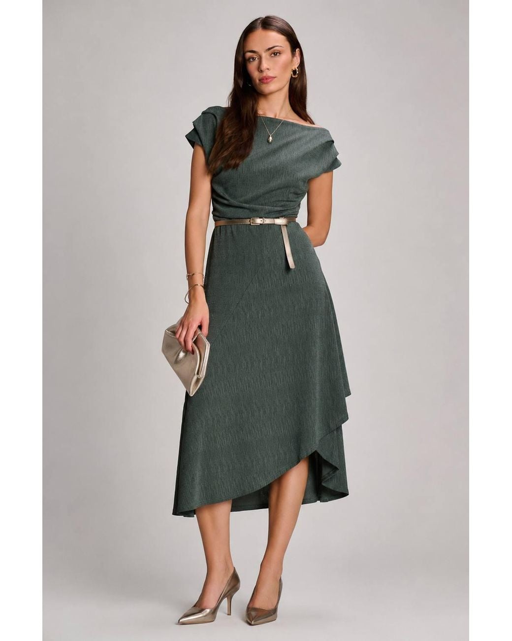 Jolie Moi Green Asymmmetric Draped Midi Dress