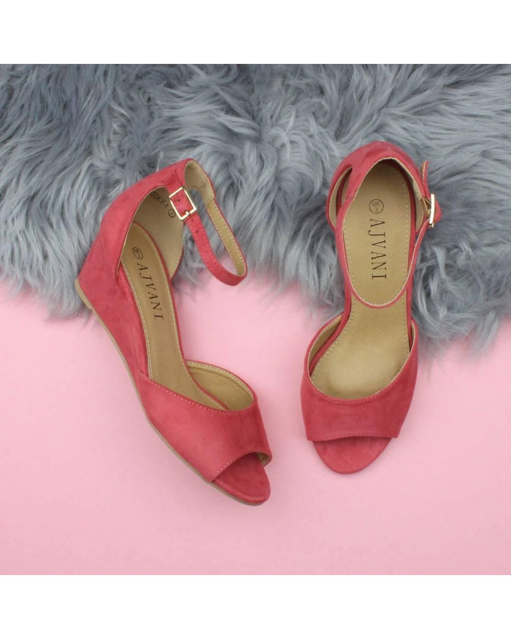 AJVANI Pink Mid Wedge Heel Ankle Strap Sandals