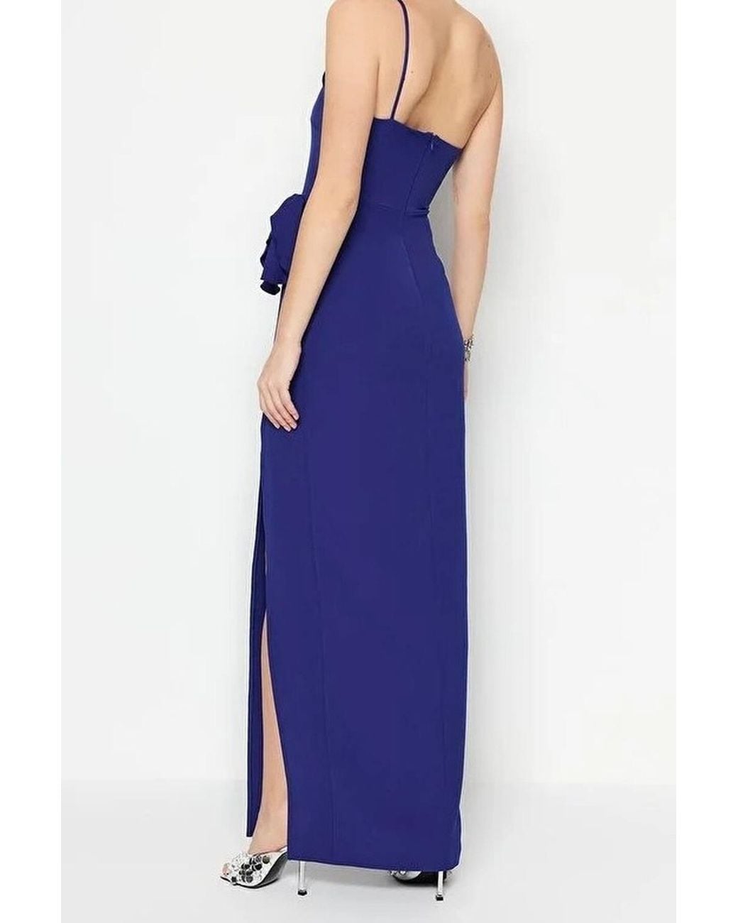 WOVCOR Blue One Shoulder Draped Maxi Dress