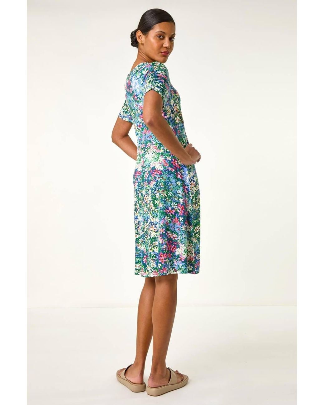 Roman Blue Ditsy Floral Print Stretch Short Dress