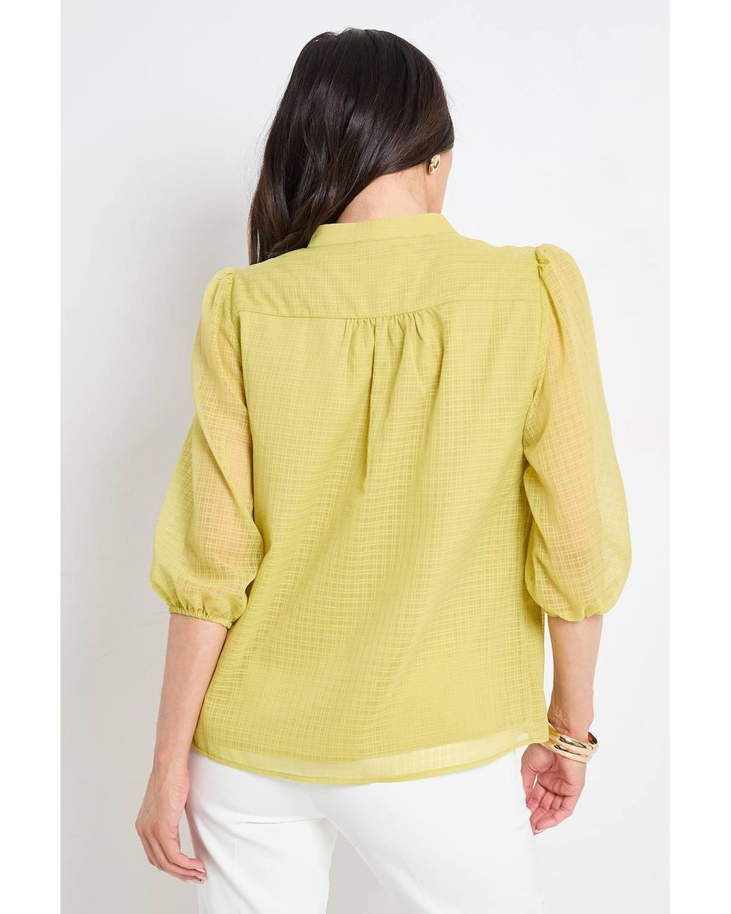 Wallis Yellow Check Organza Collarless Blouse