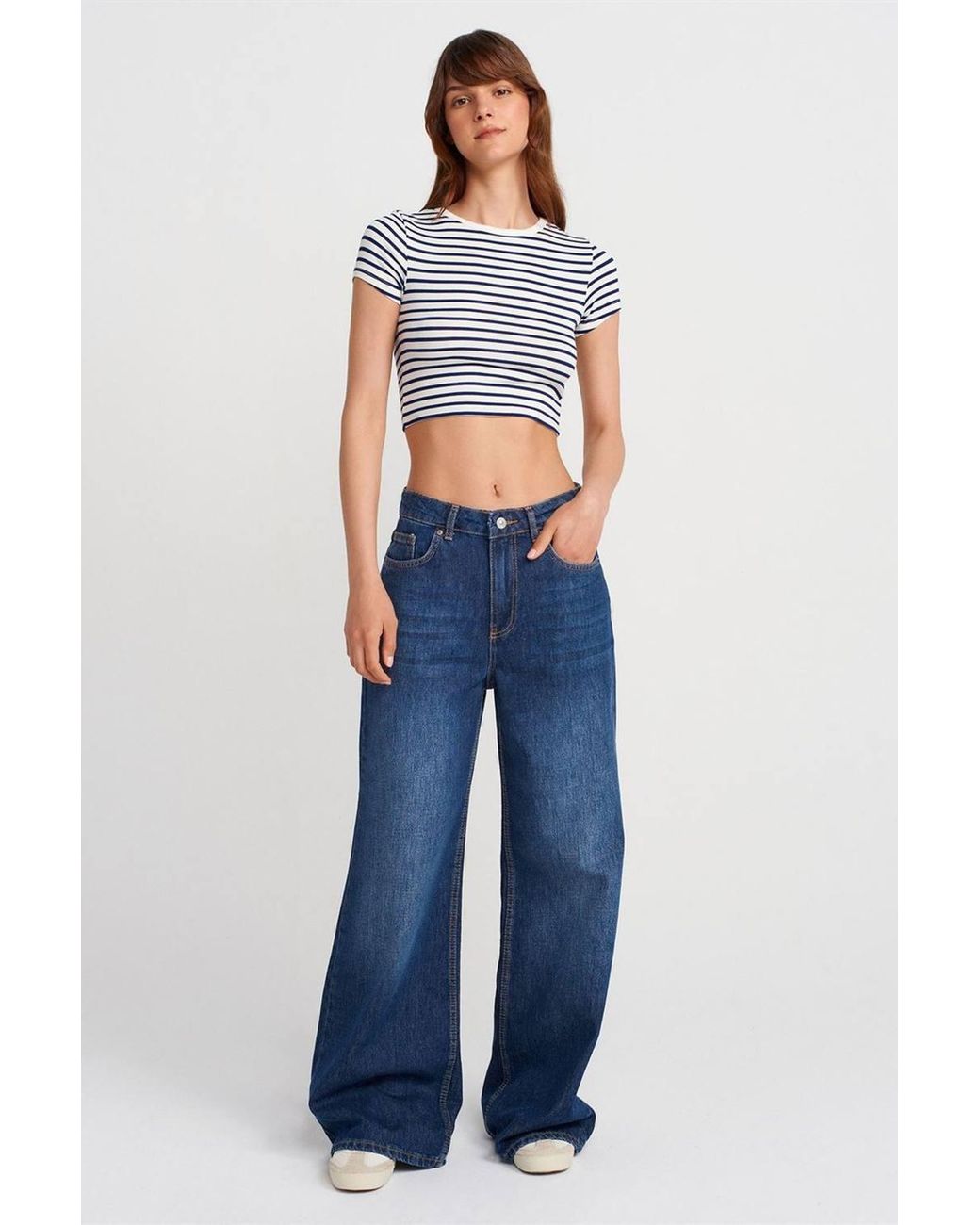 Dilvin Blue Striped Crop Top Blouse