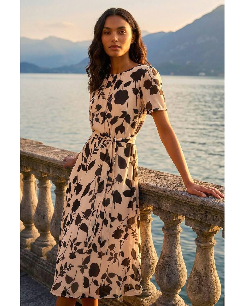 Roman Natural Floral Print Pleat Neck Midi Dress
