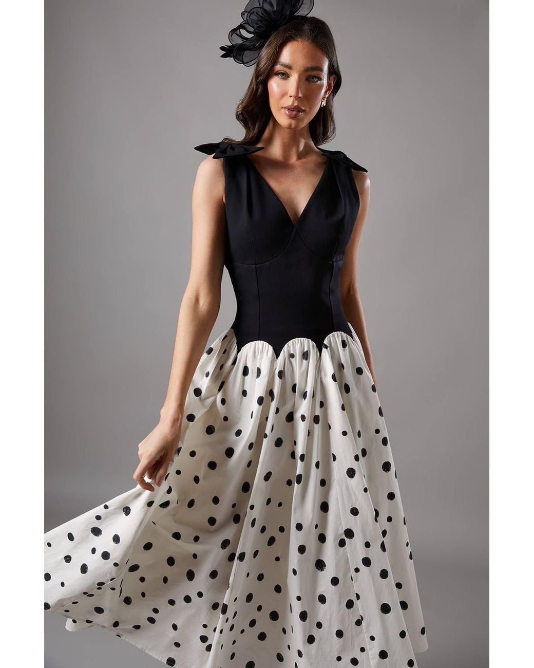 Coast Multicolor Mono Spot Races Drop Waist Bow Shoulder Midi Dress