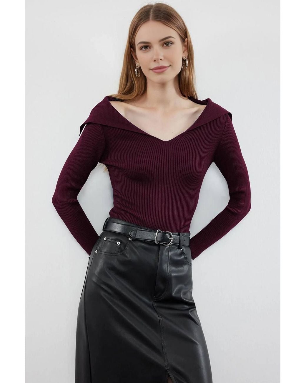 WOVCOR Purple Carmen Collar Knit Sweater Off-Shoulder Rib Knitted Jumper